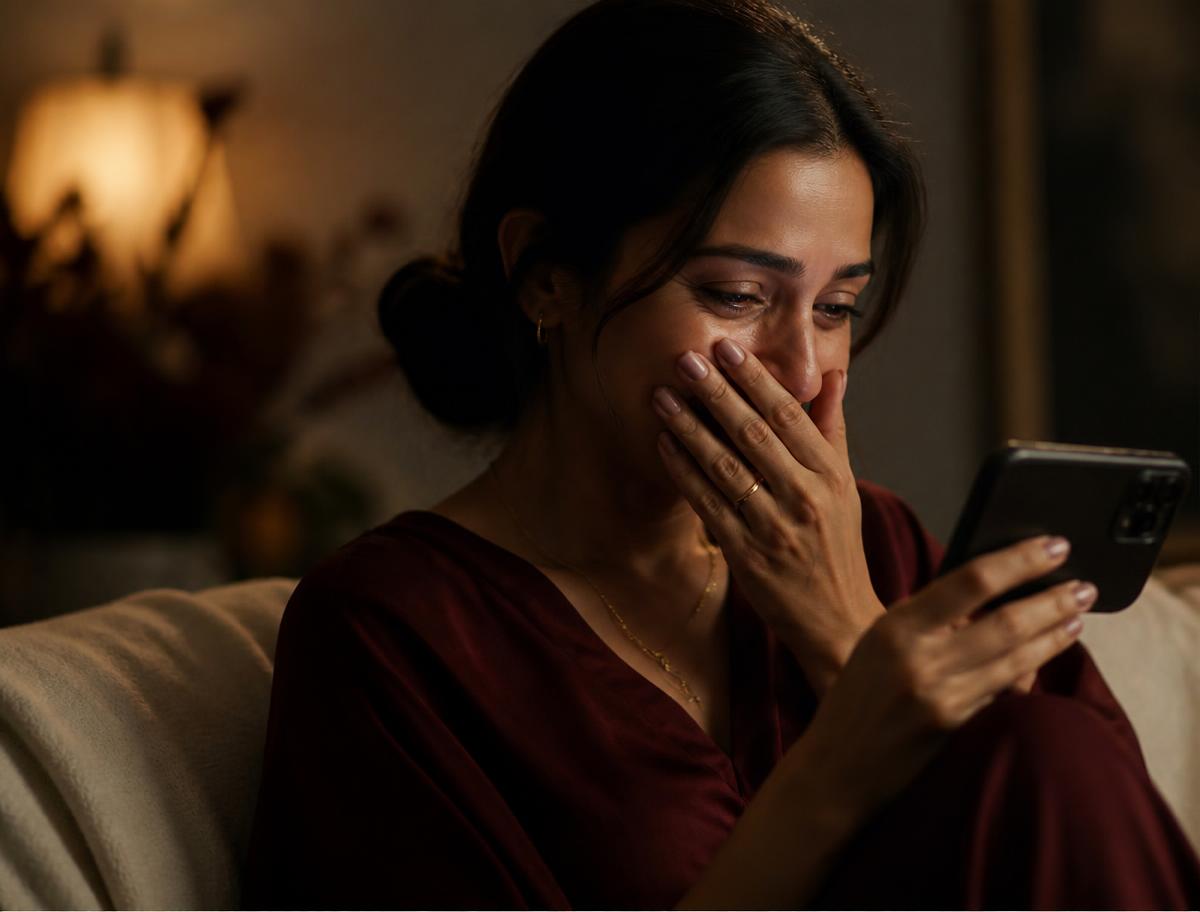 Mulher emocionada assistindo a uma homenagem em vídeo no celular